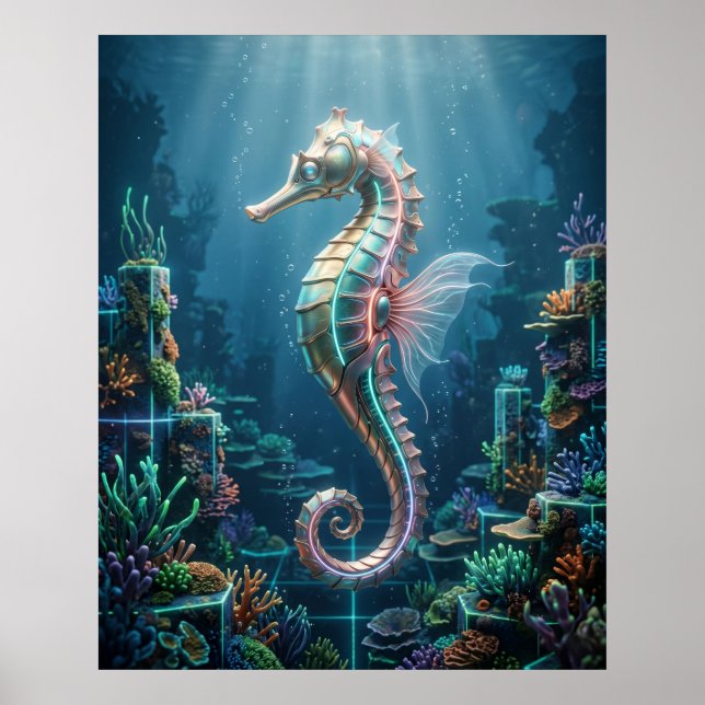 Neon Sjöhäst Korall Rutnät Poster (Framsidan)