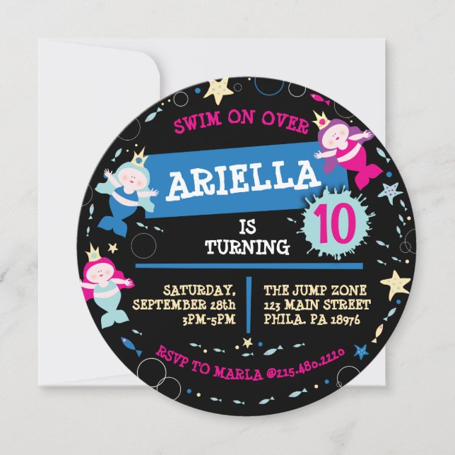 NEON Sjöjungfru Sea Life Fish Starfish Födelsedags Inbjudningar (Framsida)