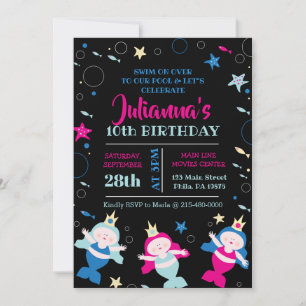 Neon Sjöjungfru Simma Sea Life Birthday Bassäng Pa Inbjudningar