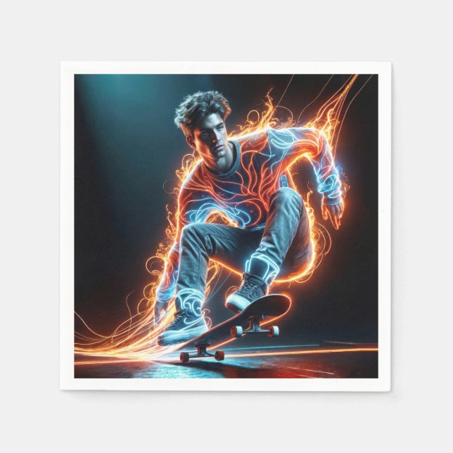 Neon Skateboardåkare Med Eldiga Ljusspår Pappersservett (Framsidan)