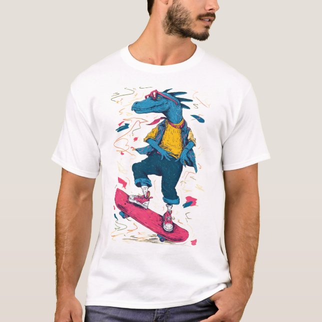 Neon Skater Dino – Street Art Illustration T Shirt (Framsida)