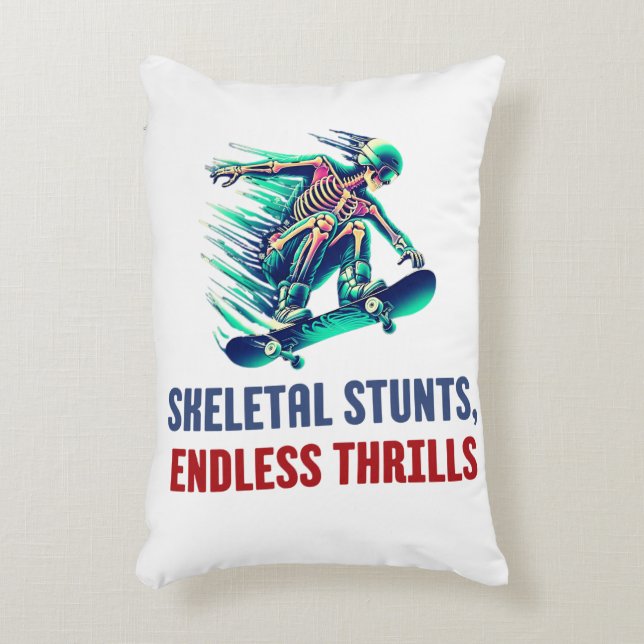 Neon Skeleton Skateboarder Thrills and Chills Prydnadskudde (Framsidan(Vertikal))