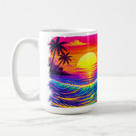 Neon Skeleton Surfing Colorful Sunset Kaffemugg
