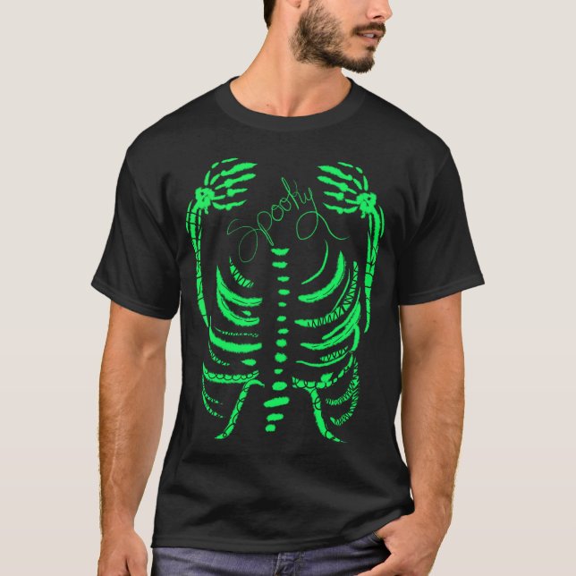Neon Skelett Grön Spöklik Handritad  T Shirt (Framsida)