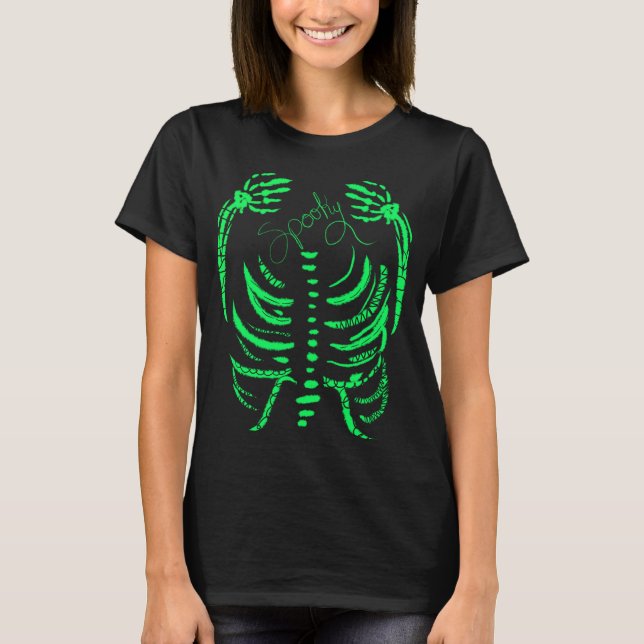 Neon Skelett Grön Spöklik Handritad  T Shirt (Framsida)