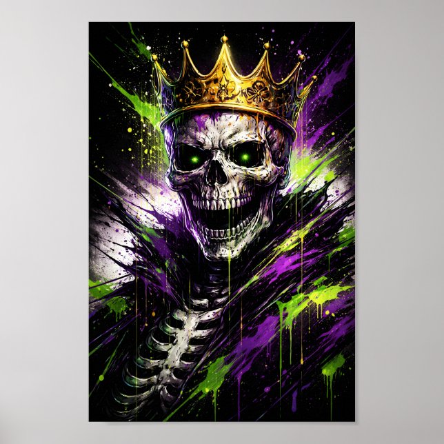 Neon Skelettkung Konst - Gotisk Odöd Kronad Mörk  Poster (Framsidan)