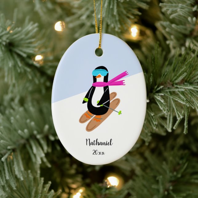 Neon Skiing Penguin Personlig jul Julgransprydnad Keramik (Träd)