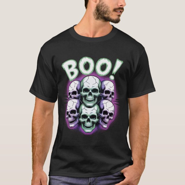 Neon Skull BOO! | Glöd i Mörken Halloween Tee. T Shirt (Framsida)