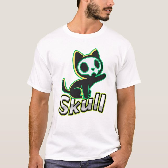 Neon Skull Cat Kawaii Gothic Art T Shirt (Framsida)
