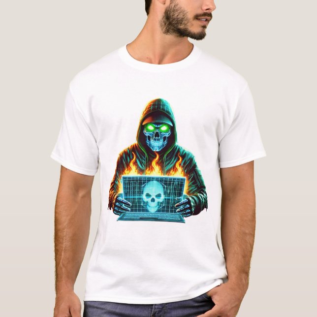 Neon Skull Hacker - Cyber Glitch Warrior T-shirt (Framsida)