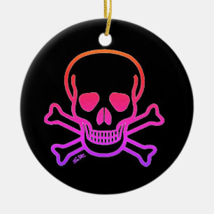 Neon Skull, svart, rund keramisk ornament 2 sid
