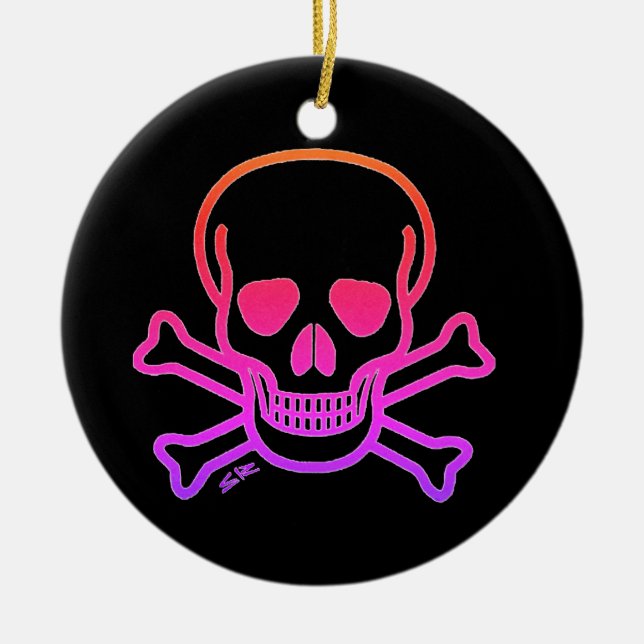 Neon Skull, svart, rund keramisk ornament 2 sid (Framsidan)