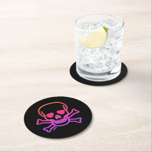 Neon Skull, svart runda, pappra dryckescoasters Underlägg Papper Rund