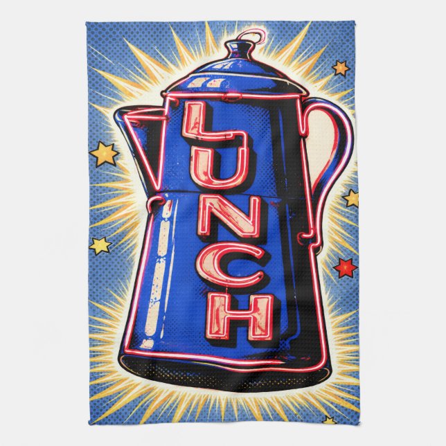 Neon skylight, Kaffe kanna, Lunch, POP Art stil Kökshandduk (Vertikal)