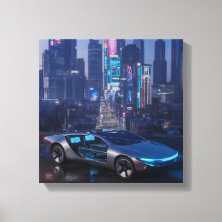 Neon Skyline – Futuristiskt Stadspanorama vid Skym Canvastryck