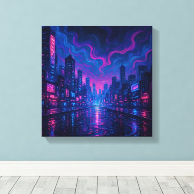 Neon Skyline Mirage Futuristiska City Canvas Art (Insitu (trägolv))