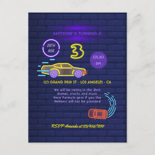 Neon skylte Racing Car tema Pojke 3-års födelsedag Vykort