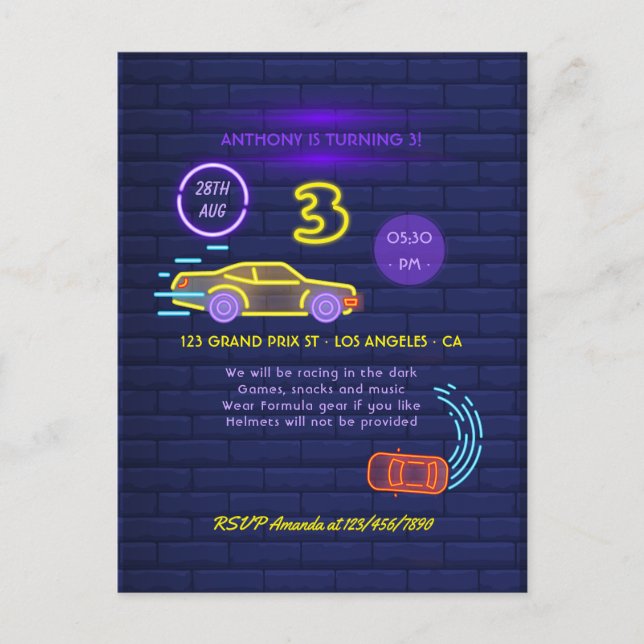 Neon skylte Racing Car tema Pojke 3-års födelsedag Vykort (Framsida)