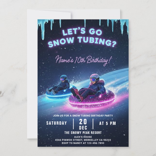Neon Snow Tubing Birthday Invitation Winter Party Inbjudningar (Framsida)