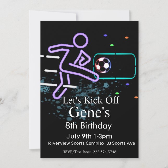 Neon Soccer Birthday, Football Birthday, Futbol Inbjudningar (Framsida)