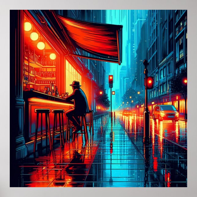Neon Solitude: Rainy Night at the City Cafe Poster (Framsidan)