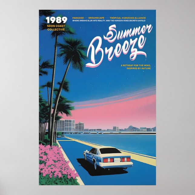 Neon solnedgång Miami konsttryck 80-tals retro som Poster (Framsidan)