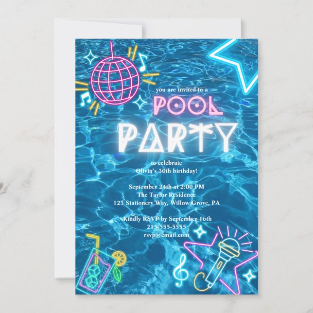 neon sommar Pool Party Födelsedag  Inbjudningar (Framsida)