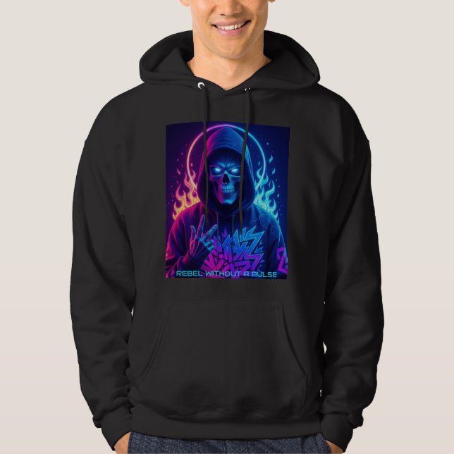 NEON SOUL Cyberpunk Skeleton Graffiti Hoodie (Framsida)