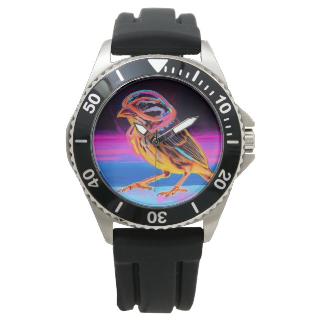 Neon Sparrow med glödande accenter Armbandsur (Framsida)