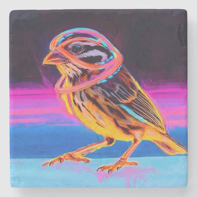 Neon Sparrow med glödande accenter Stenunderlägg (Framsidan)