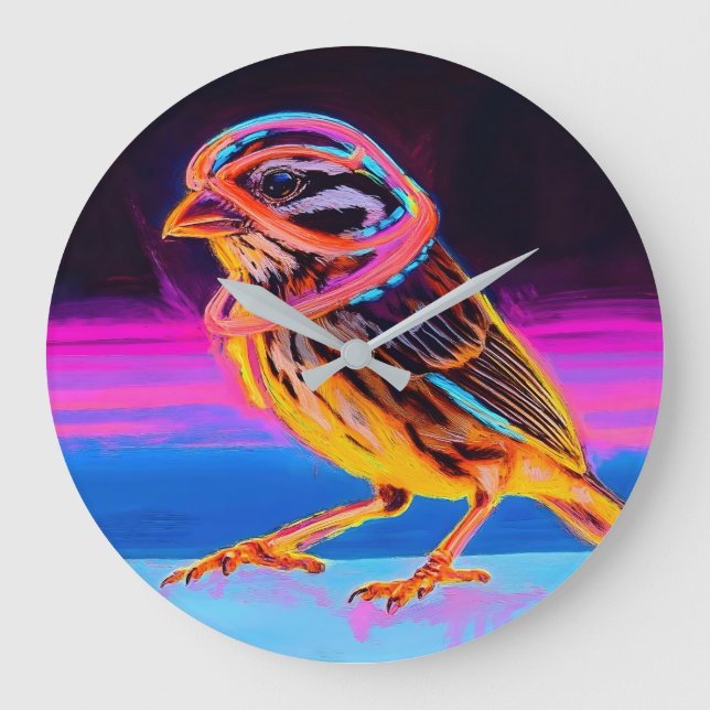 Neon Sparrow med glödande accenter Stor Klocka (Framsida)