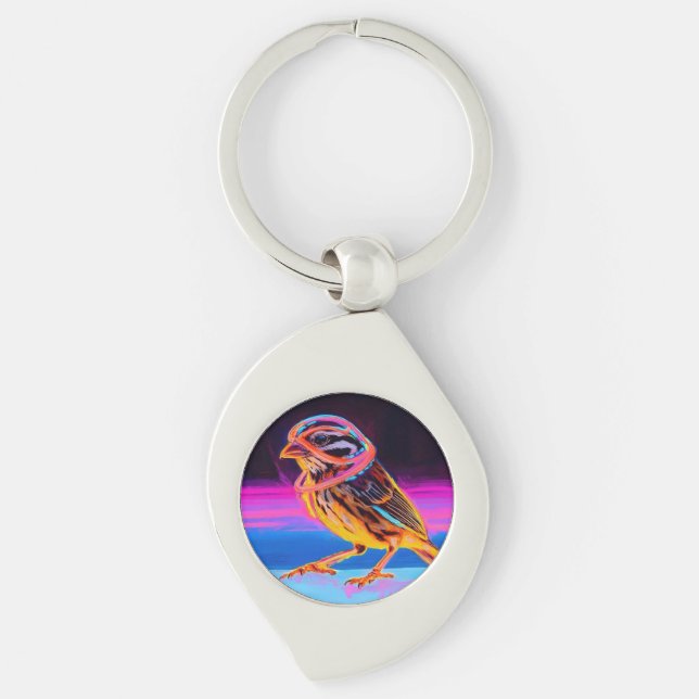 Neon Sparrow med glödande accenter Swirl Silverfärgad Nyckelring (Framsidan)