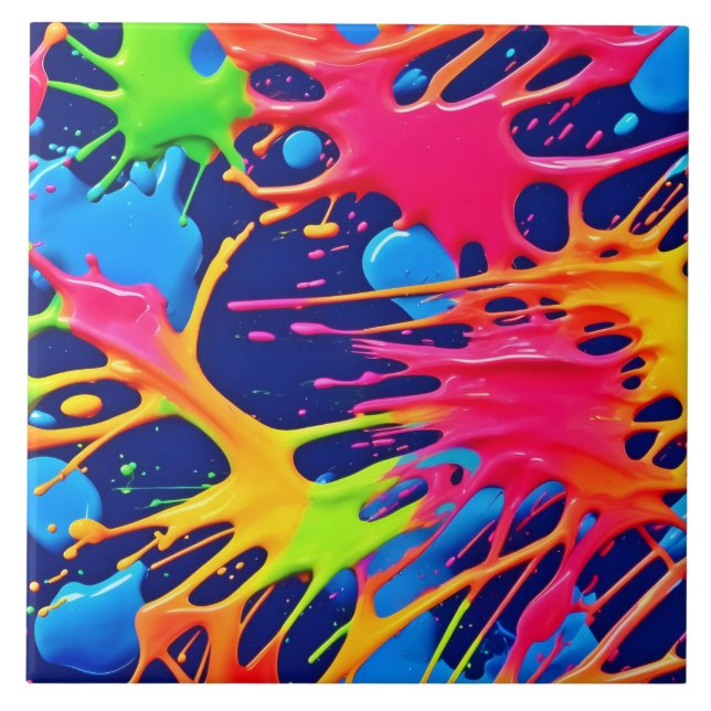 Neon Splatter: Abstrakt Vibrant Art Kakelplatta (Framsidan)