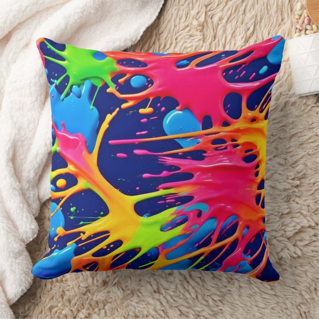 Neon Splatter: Abstrakt Vibrant Art Kudde (Filt)