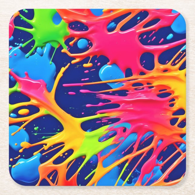Neon Splatter: Abstrakt Vibrant Art Underlägg Papper Kvadrat (Framsidan)