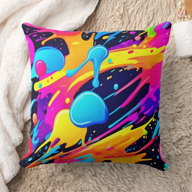 Neon Splatter Paint Art Kudde (Filt)