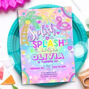 Neon Splish Stänk Bassäng Party bjudande in Inbjudningar