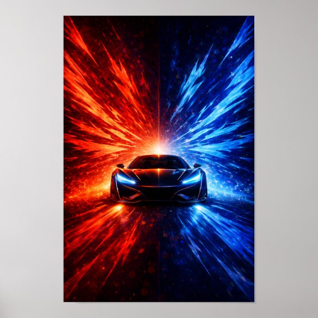 Neon Split Speed Supercar – Röd & Blå Energibörs Poster (Framsidan)