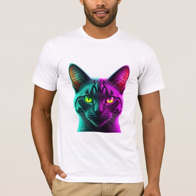 Neon Split Tone Synthwave Kattporträtt T Shirt (Framsida)