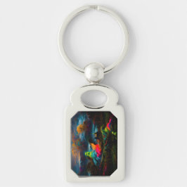 Neon Spöken i ett hårt Fantasy liggande Rektangulärt Silverfärgad Nyckelring