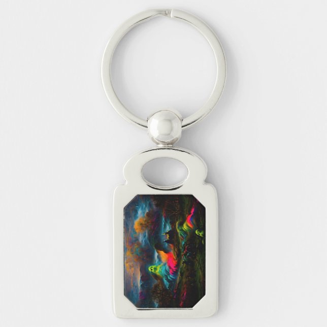 Neon Spöken i ett hårt Fantasy liggande Rektangulärt Silverfärgad Nyckelring (Framsidan)