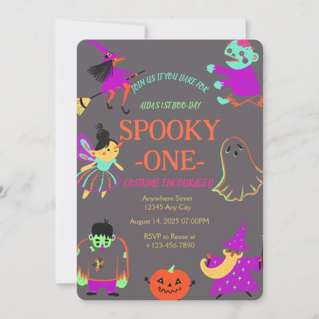Neon Spooky One-födelsedagsinbjudan Inbjudningar (Framsida)
