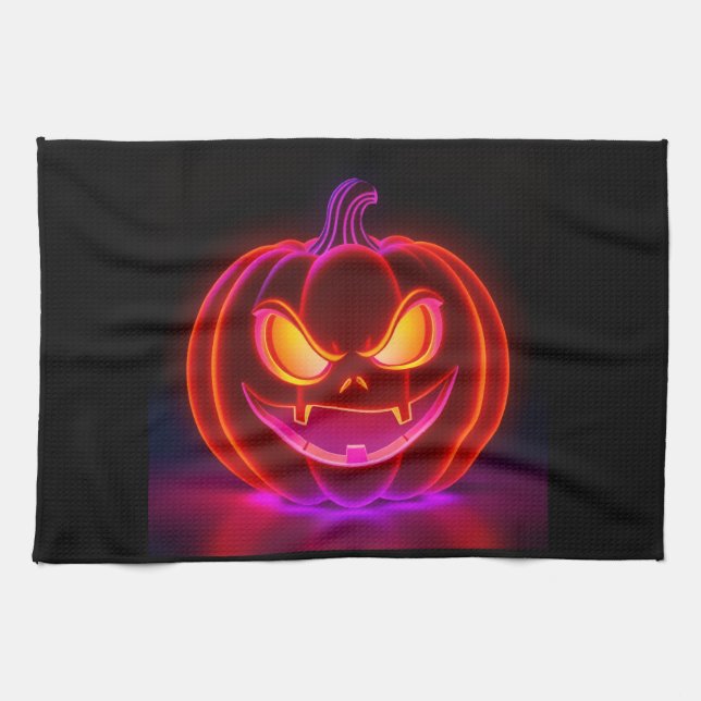 Neon Spooky Pumpkin Halloween Kitchen Towel Kökshandduk (Horisontell)