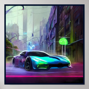 Neon Sports Car på väg Poster