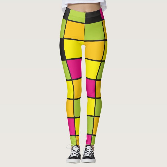 Neon Squares Mönster Colorful Leggings (Framsida)