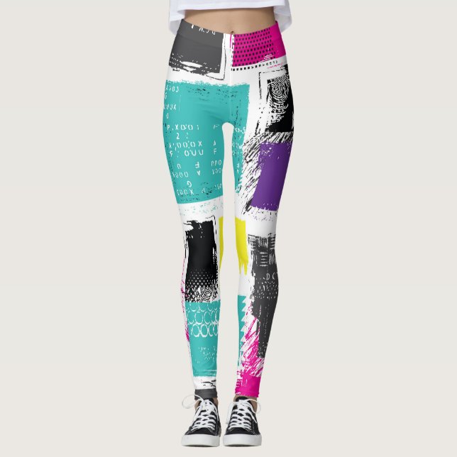 Neon Squares Retro Abstrakt Mönster Leggings (Framsida)