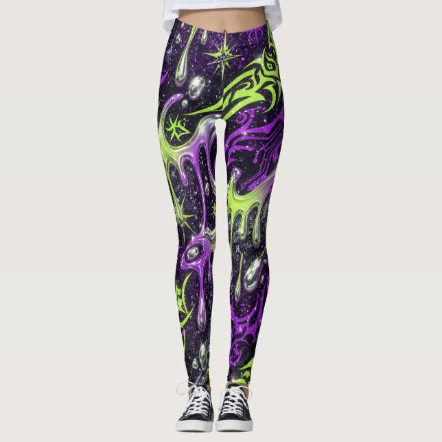 Neon stammesslime Y2K Sömlöst Mönster Leggings (Framsida)