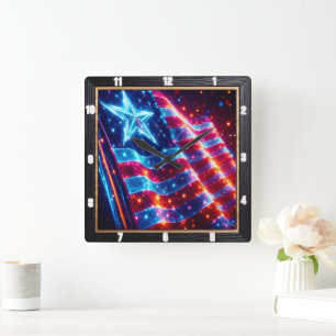 Neon Star American Flagga Modern Fyrkantig Klocka