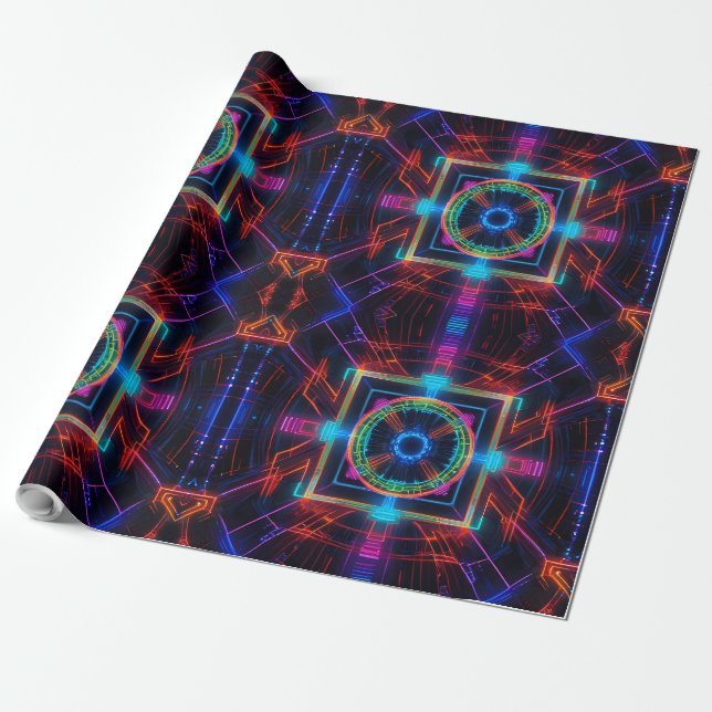 Neon Starburst Kaleidoscope Presentpapper (Utrullad)
