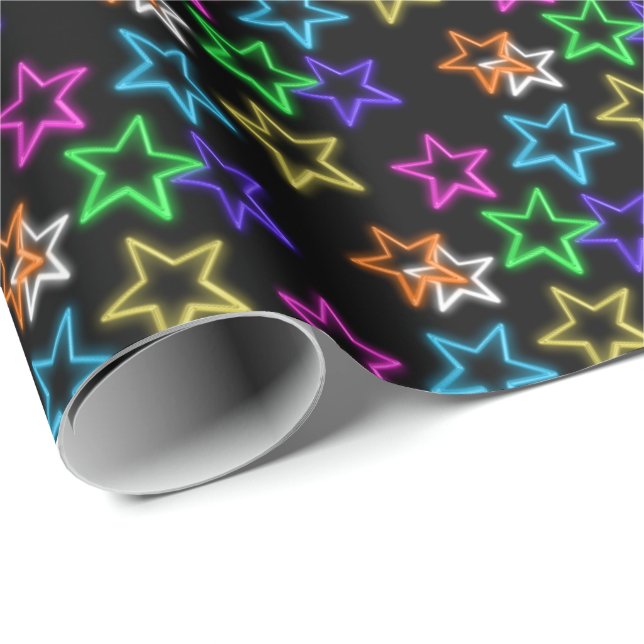 Neon Stars on Black Presentpapper (Rullad Hörn)